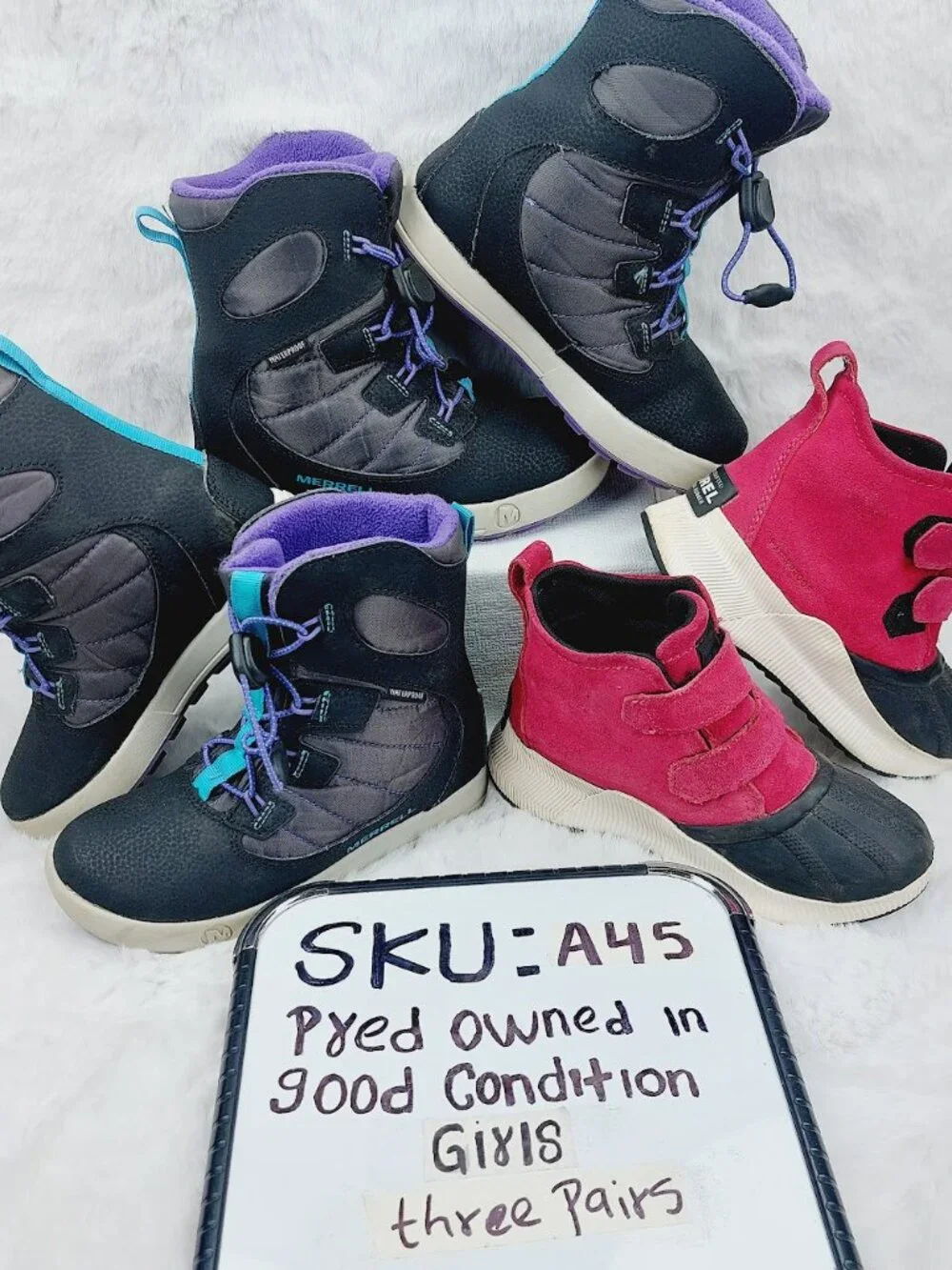 Set of 3 Sorel Merrell Girl's Black Purple Pink Ankle Snow Winter Boots Size 13